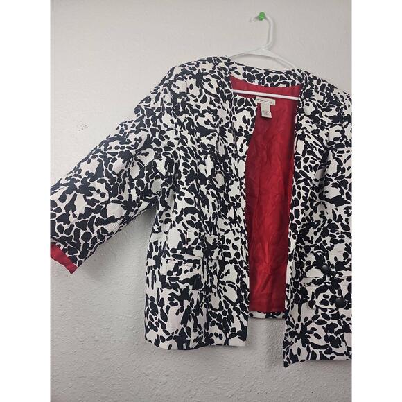 Kim Rogers Open Front Blazer Black White Red Print Petite 14P Jacket - Picture 2 of 9